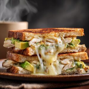 Grilled chicken avocado melt sandwich stacked in halves, with melted cheese oozing out, served on toasted bread with steam rising in the background.