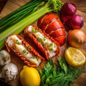 Fresh ingredients for lobster salad on a wooden board, including lobster tail halves, lemon, garlic, onions, celery, and herbs.