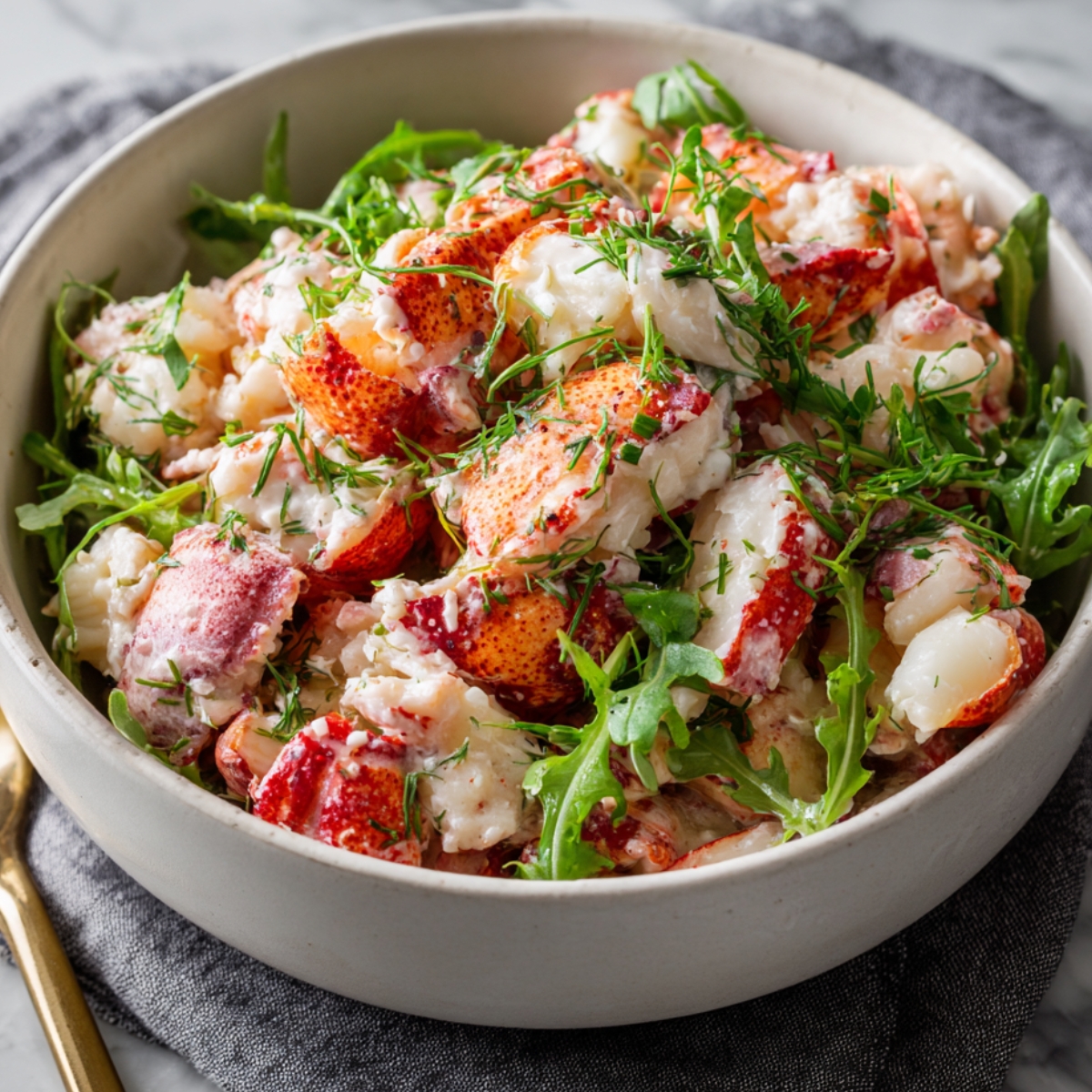 Close-up of a finished lobster salad with creamy lobster meat, arugula, and fresh herbs in a white bowl on a gray napkin.
