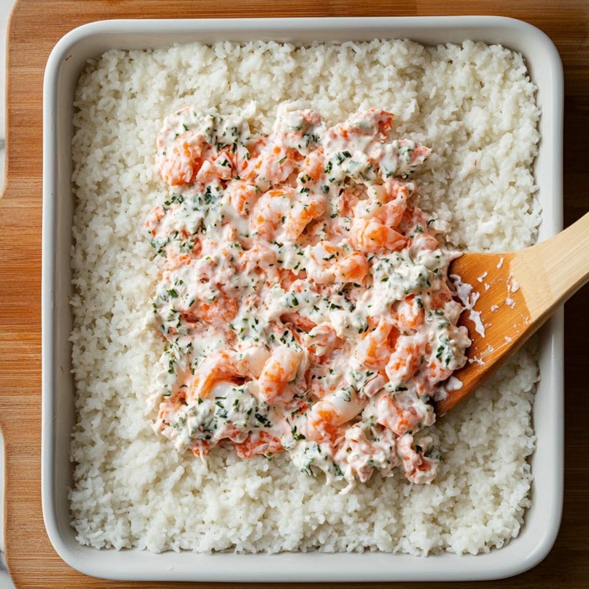 A baking pan with a layer of sushi rice topped with creamy shrimp and crab mixture being spread with a wooden spatula.