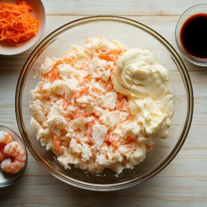 A glass bowl with shredded imitation crab mixed with mayonnaise. Surrounding bowls contain shredded carrots, shrimp, and soy sauce.
