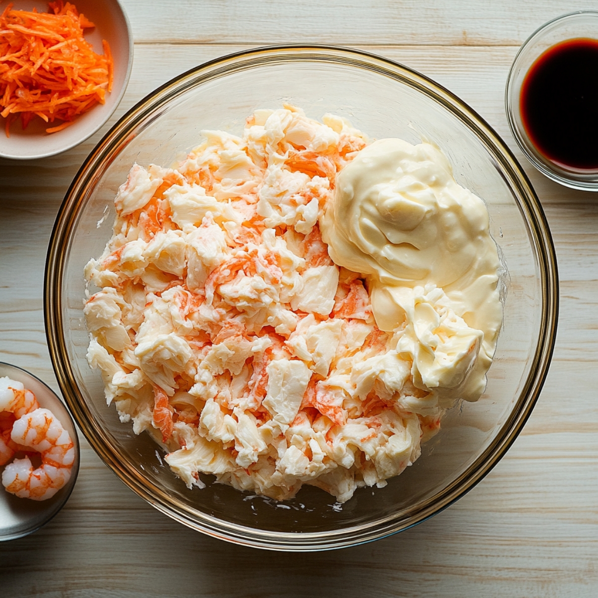 A glass bowl with shredded imitation crab mixed with mayonnaise. Surrounding bowls contain shredded carrots, shrimp, and soy sauce.