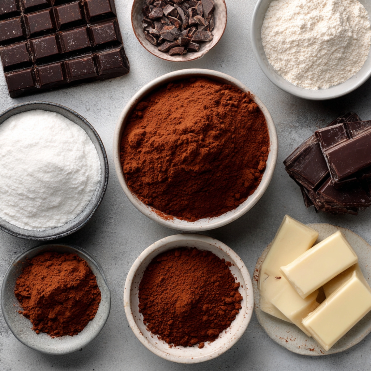 A top-down view of ingredients for tiramisu: flour, eggs, sugar, butter, and a rolled pastry dough on a wooden table.