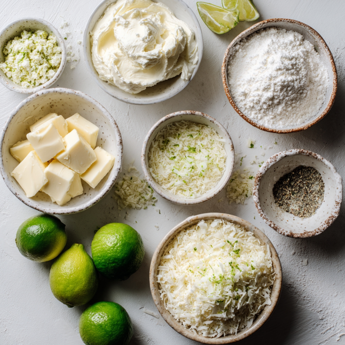 Overhead view of key lime truffle ingredients — fresh limes, butter cubes, cream cheese, powdered sugar, shredded coconut, grated lime zest, and seasoning in small bowls.
