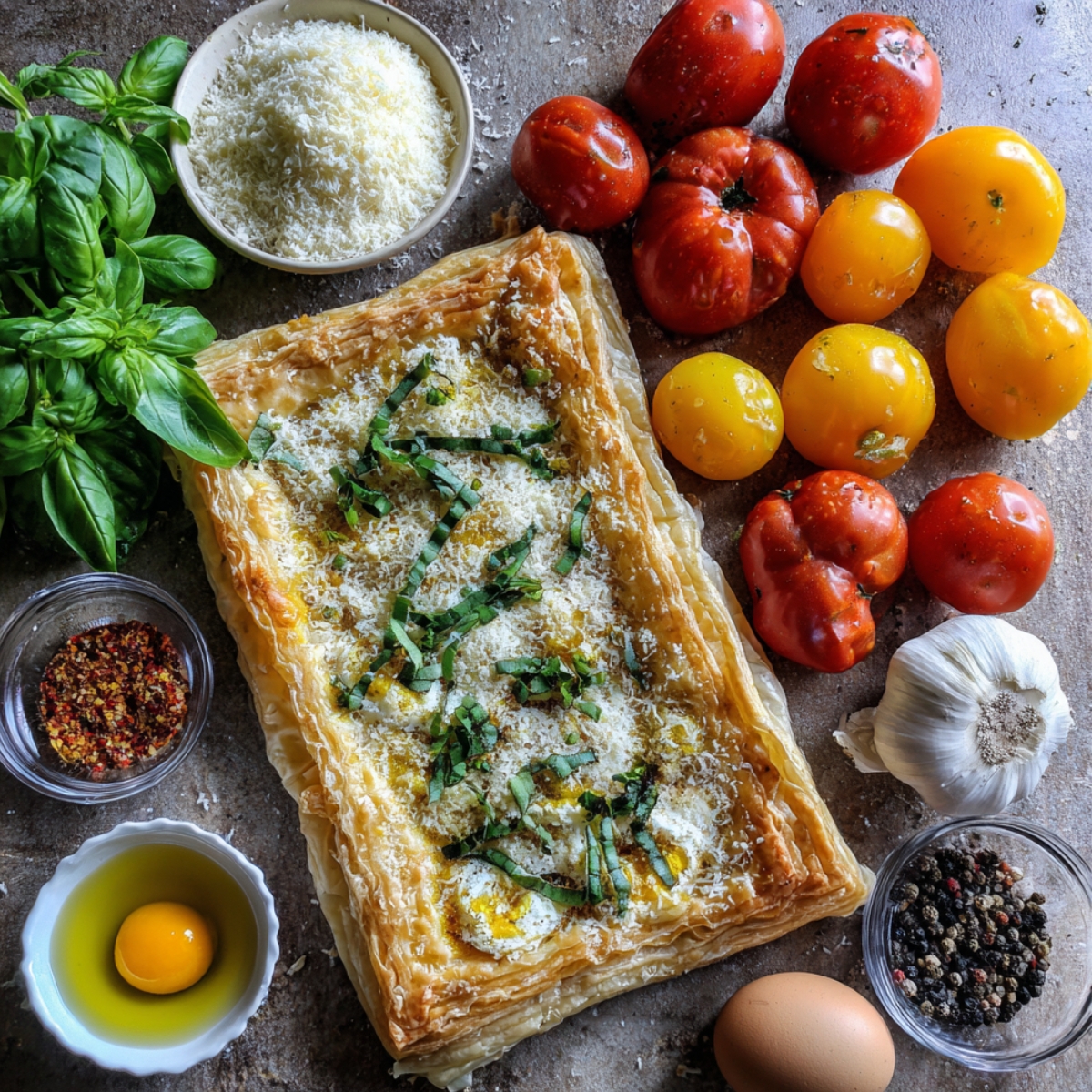 A flat lay of ingredients for tomato tart: puff pastry with cheese and herbs, fresh basil, tomatoes in red and yellow, garlic, black pepper, chili flakes, eggs, and olive oil.