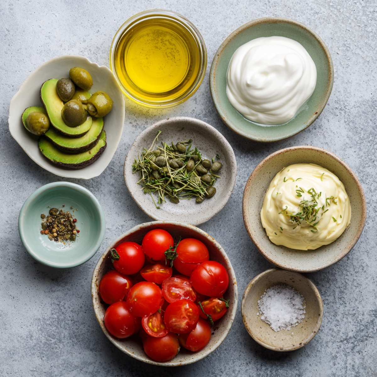 Variety of lobster salad ingredients laid out in small bowls, including cherry tomatoes, avocado, capers, olive oil, mayonnaise, sour cream, herbs, and seasonings.