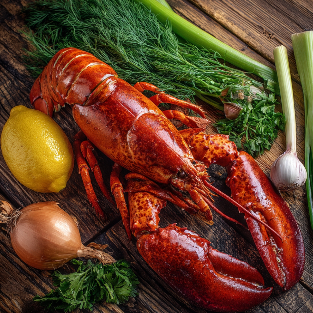 Whole cooked lobster surrounded by fresh ingredients like lemon, onion, garlic, celery, and herbs on a rustic wooden surface.