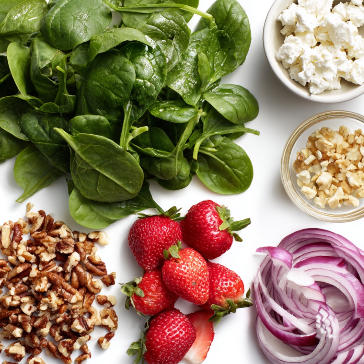 "Fresh salad ingredients laid out on a white background: baby spinach, whole and sliced strawberries, red onion rings, crumbled cheese, and chopped nuts."