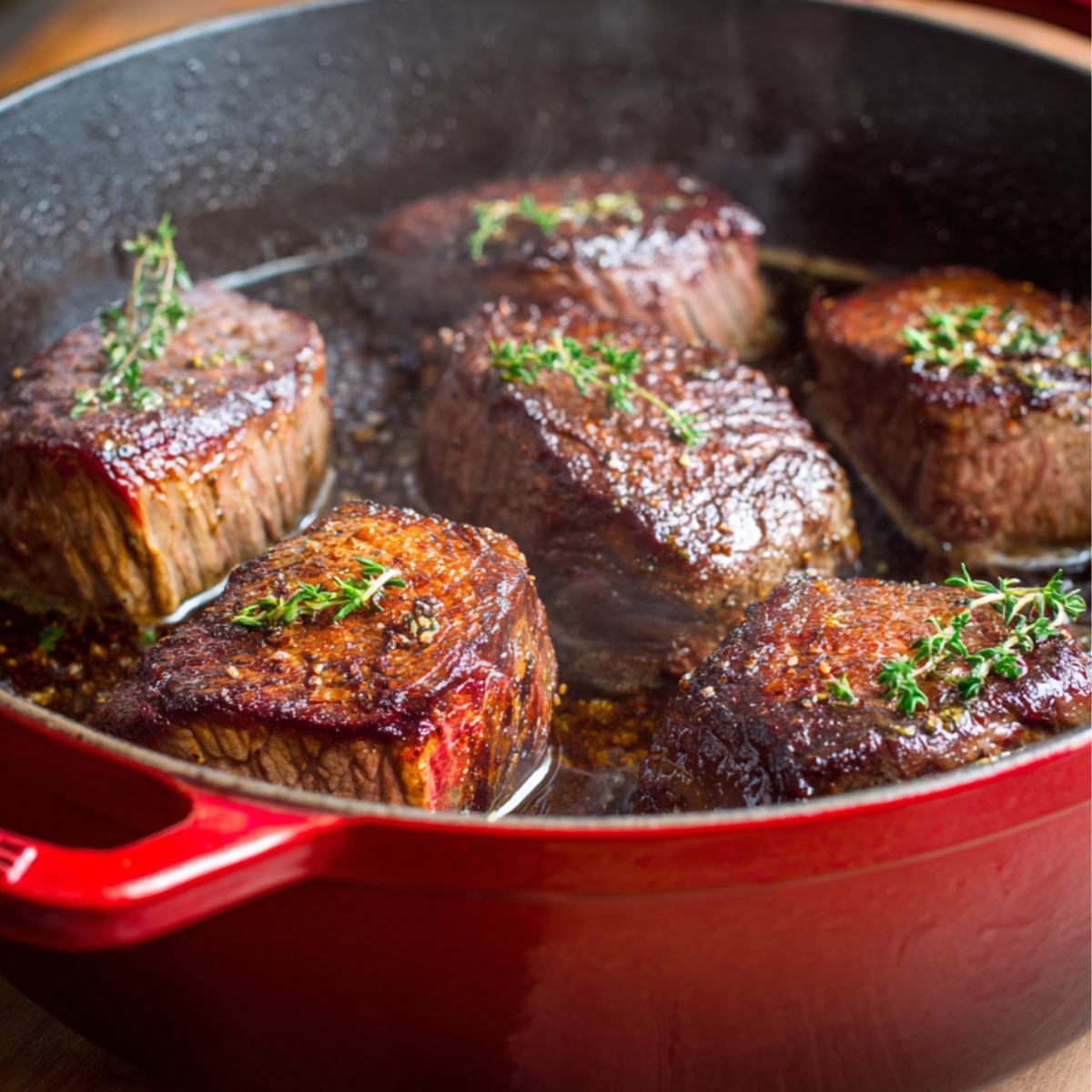 “Large red Dutch oven with thick cuts of beef being browned, seasoned with pepper and thyme, forming a rich caramelized crust.”