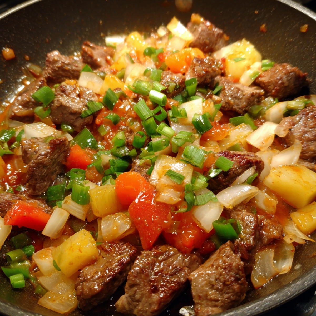 “Pan filled with sautéed beef cubes, diced onions, bell peppers, and carrots topped with chopped green onions, creating a colorful and savory dish.”