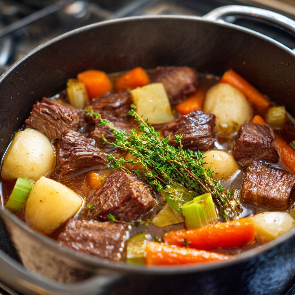 “Dutch oven on a stove filled with tender beef chunks, carrots, potatoes, and celery simmering in broth, with sprigs of fresh thyme floating on top.”