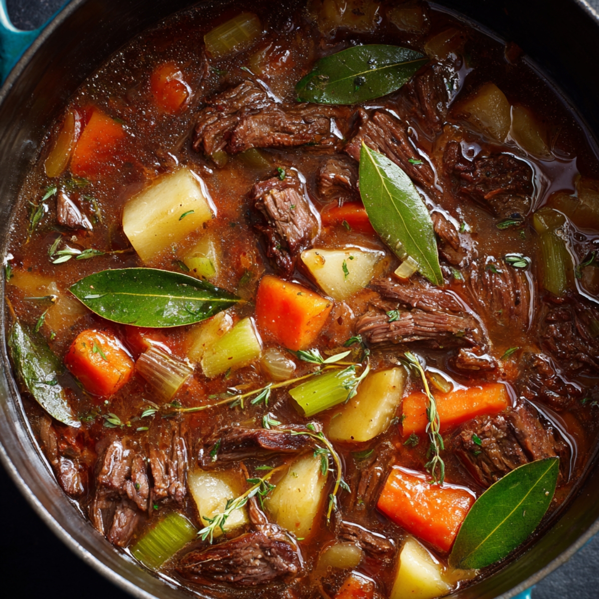 “Close-up of hearty beef stew simmering in a pot with chunks of beef, potatoes, carrots, and celery in a rich brown broth, garnished with bay leaves and thyme.”