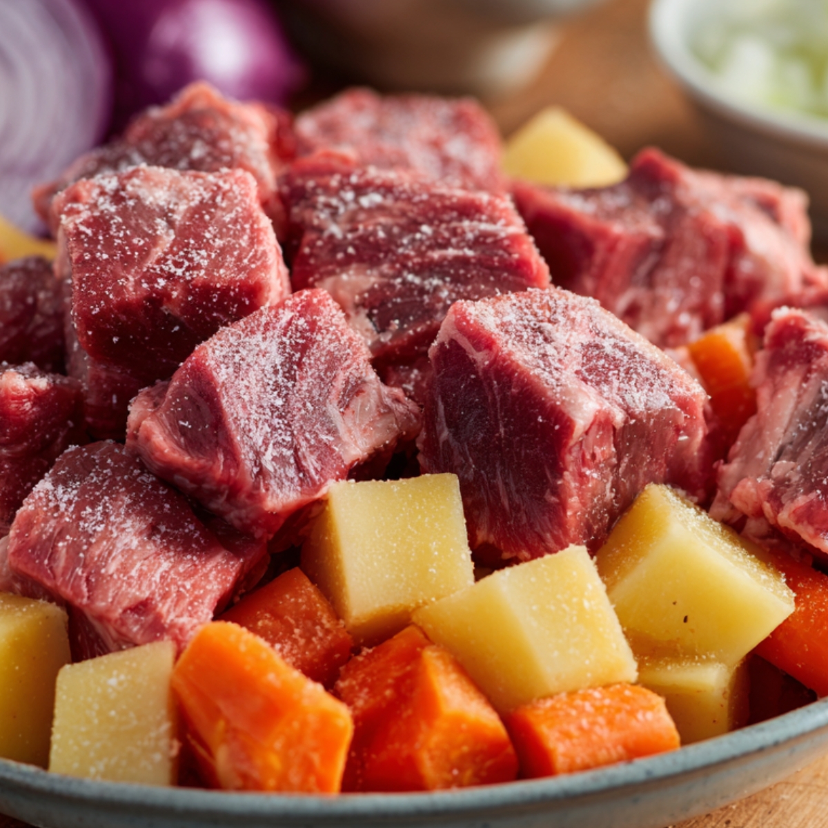 “Raw cubed beef sprinkled with salt resting on a plate with chopped potatoes and carrots, ready for cooking.”