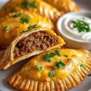 A close-up of a freshly baked beef empanada, showing a golden crust and a filling of ground beef, garnished with parsley.