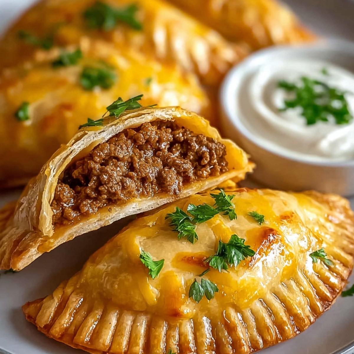 A close-up of a freshly baked beef empanada, showing a golden crust and a filling of ground beef, garnished with parsley.