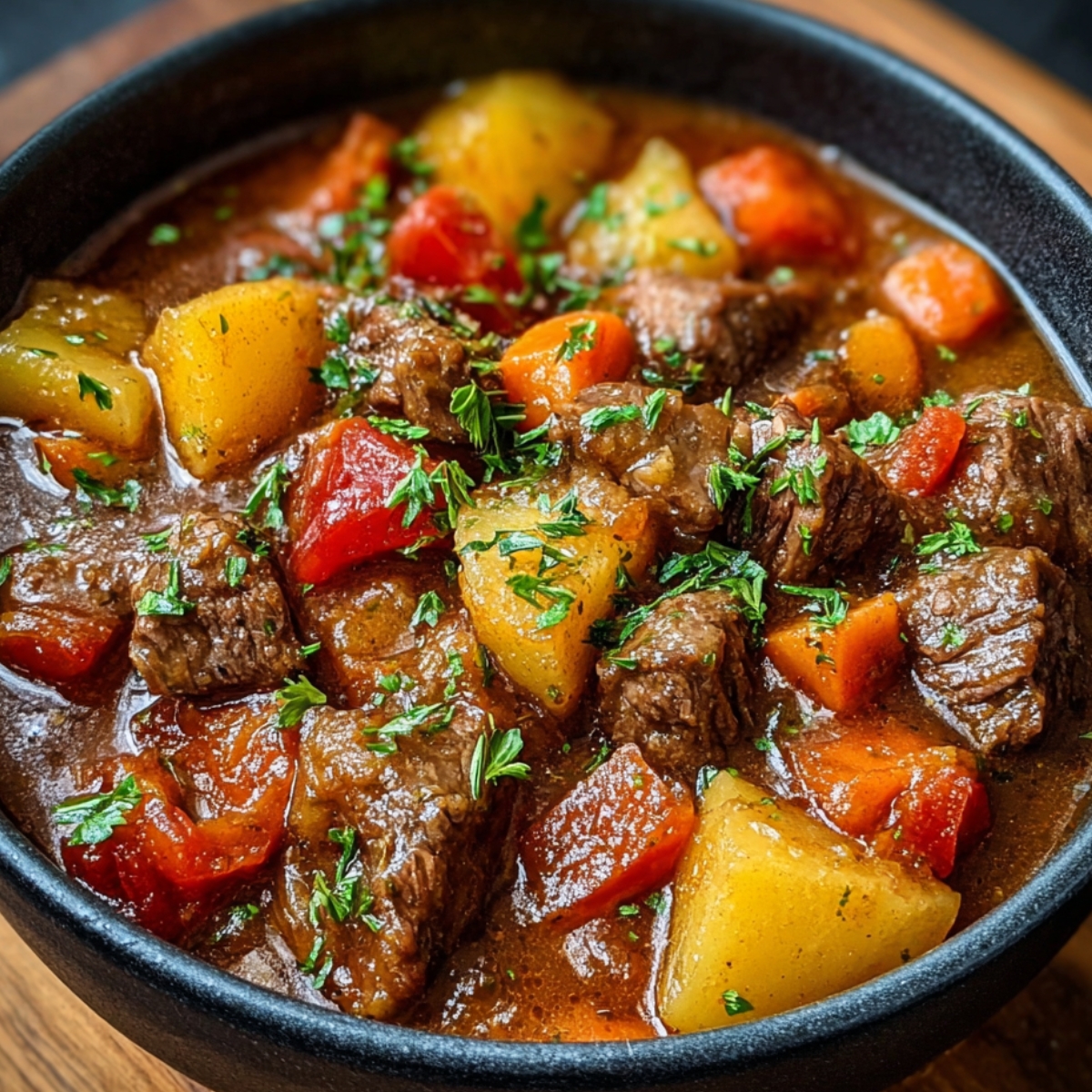 “Bowl of homemade beef stew with tender beef chunks, carrots, and potatoes in thick gravy, topped with chopped fresh parsley.”