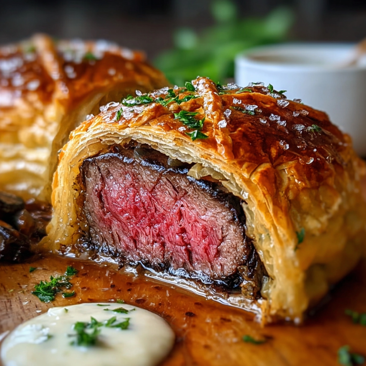 A slice of Beef Wellington with a golden, flaky crust revealing juicy medium-rare beef inside, served with sauce and garnished with fresh herbs.