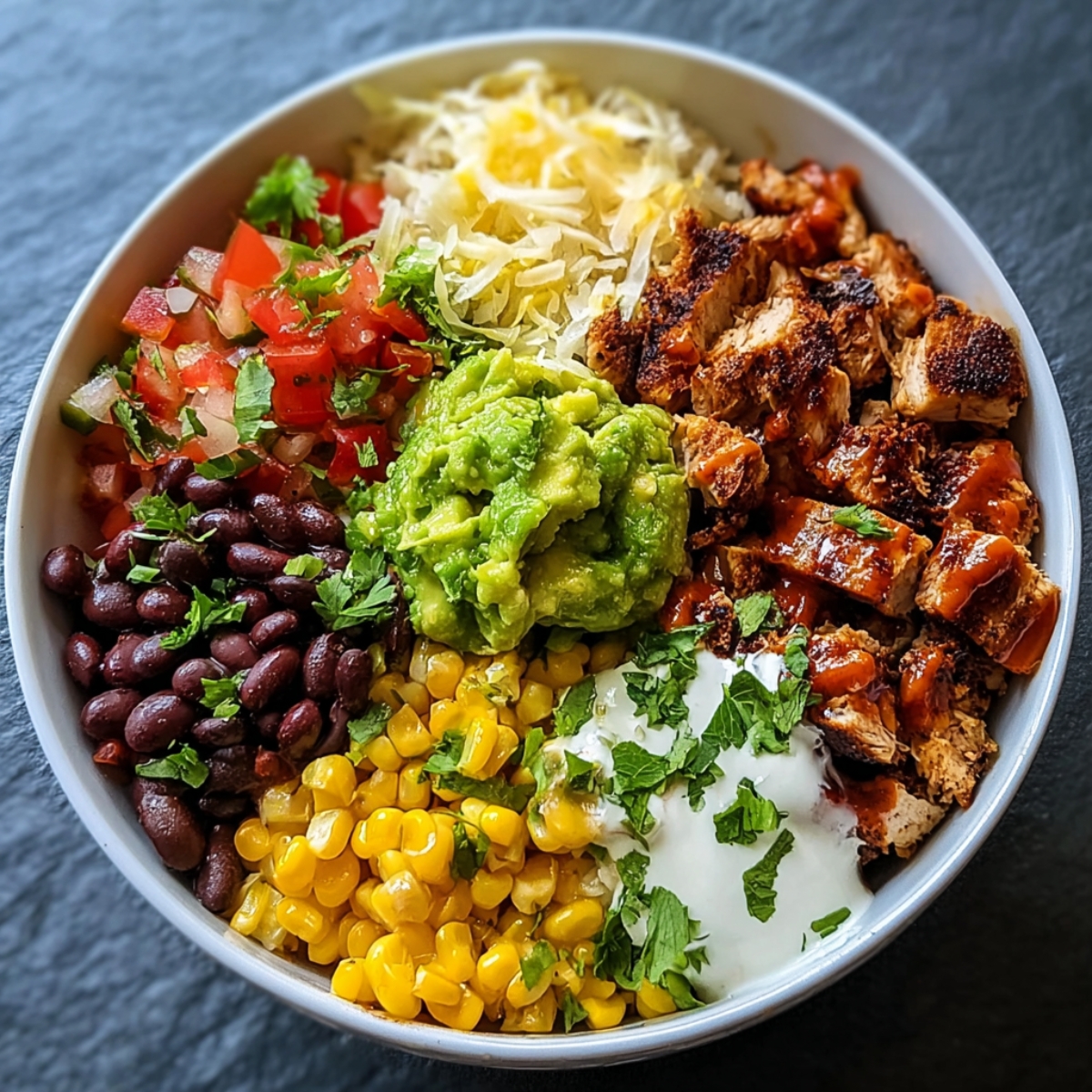A homemade burrito bowl with rice, grilled chicken, black beans, corn, guacamole, pico de gallo, sour cream, shredded cheese, and fresh cilantro, drizzled with sauce and served in a white bowl.