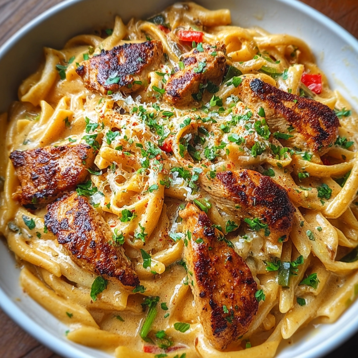 A close-up of Cajun chicken pasta with a creamy sauce, grilled chicken pieces, and fresh parsley sprinkled on top.