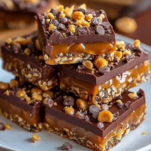 Stack of homemade caramel crunch chocolate bars showing layers of chocolate, gooey caramel, crunchy oats, and bits of toffee and chocolate chips.