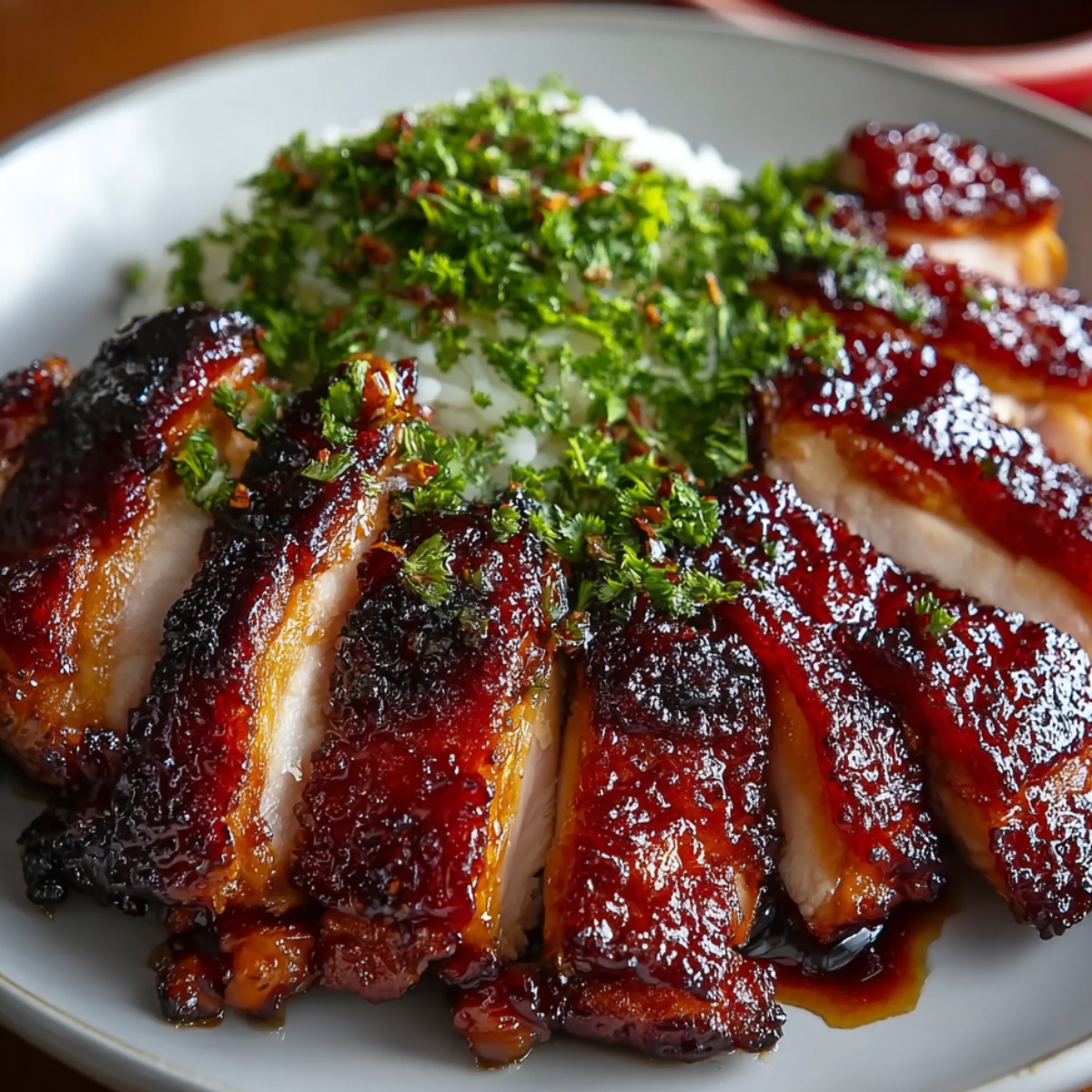“Plate of caramelized char siu chicken served with steamed white rice, garnished with finely chopped parsley.”