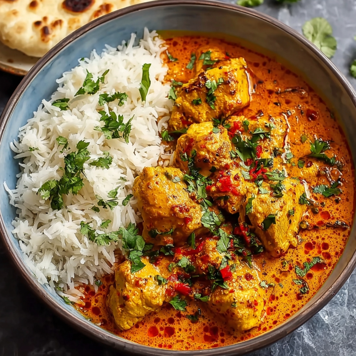A bowl of Chicken Curry Indian served with fluffy white basmati rice, garnished with chopped cilantro and red chili, with naan bread in the background.