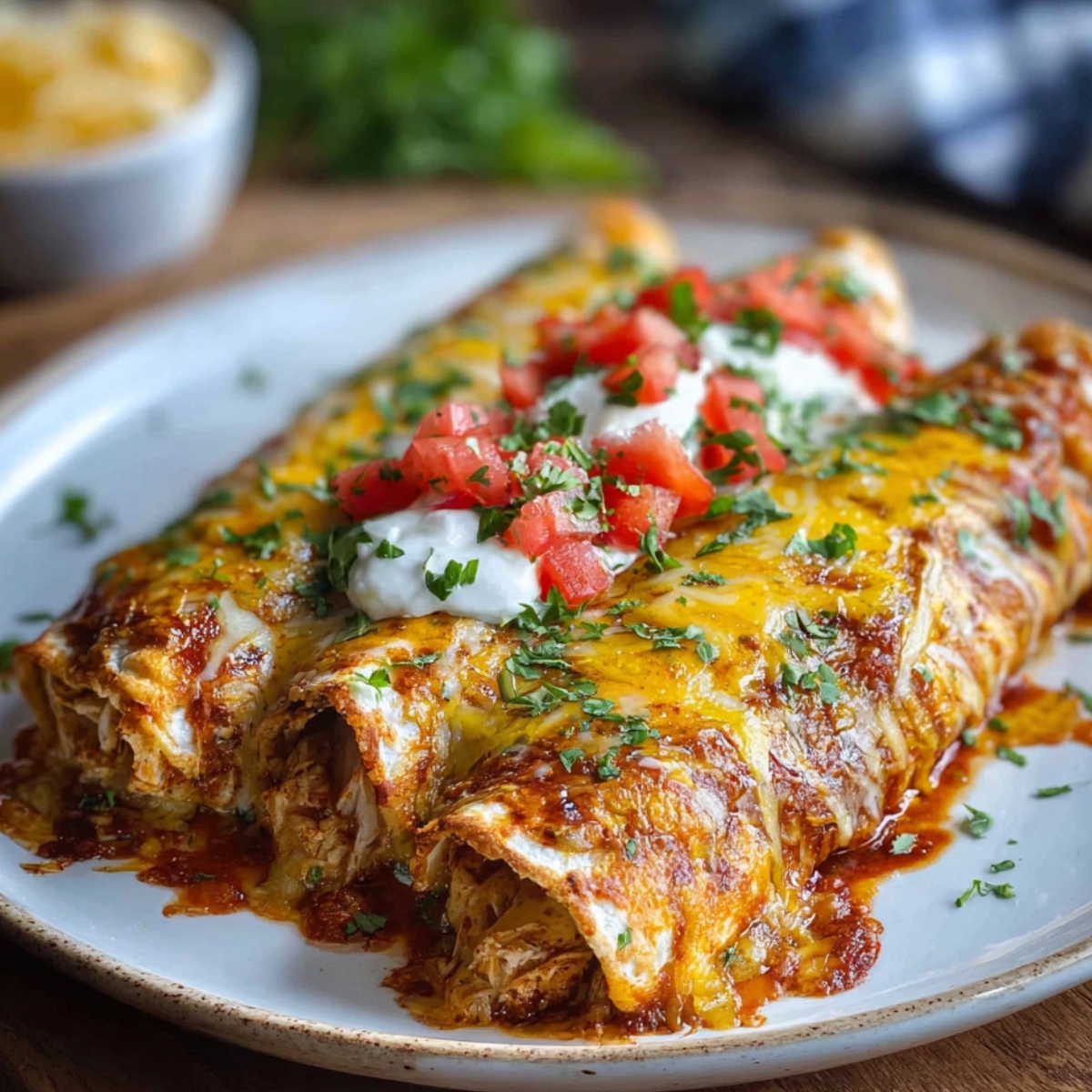Homemade chicken enchiladas covered in melted cheese and red sauce, topped with sour cream, diced tomatoes, and chopped cilantro on a white plate.