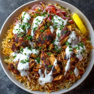 A bowl of grilled Chicken Shawarma and Rice served over seasoned basmati rice, topped with garlic sauce, chopped parsley, pickled onions, and a slice of lemon for garnish.