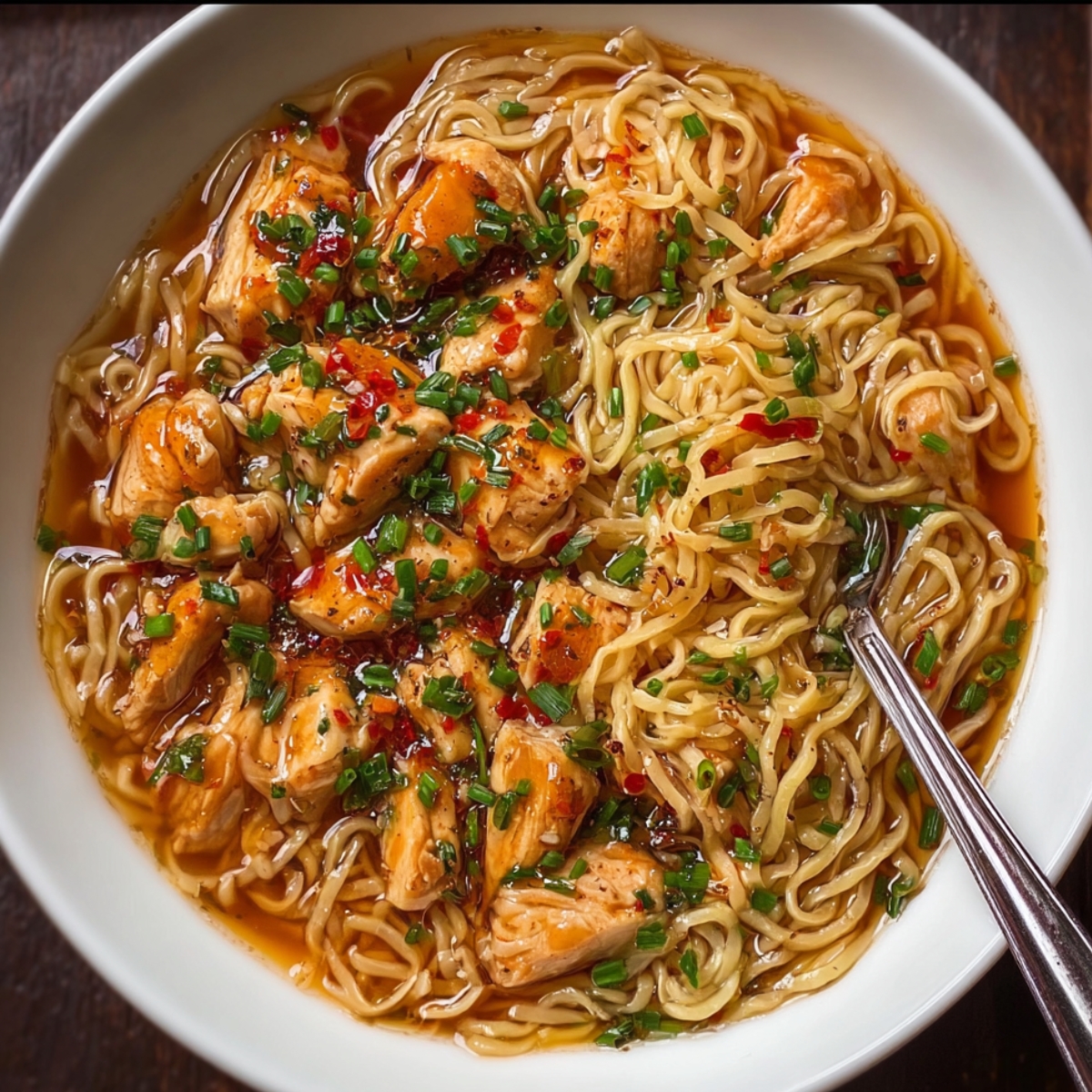 “Bowl of homemade chicken and noodles topped with tender chicken pieces, chopped chives, and chili flakes in a rich broth, served with a spoon.”