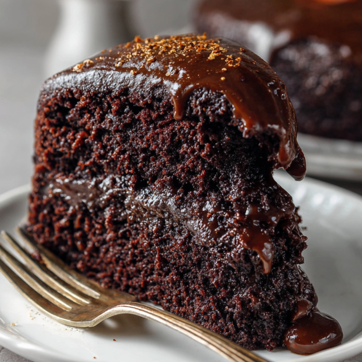 A close-up slice of moist chocolate cake Recipe with glossy chocolate frosting dripping down the sides, served on a white plate with a fork.