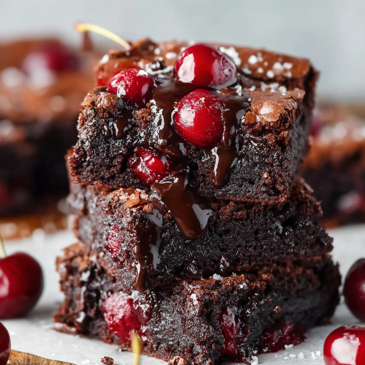 A stack of decadent chocolate cherry brownies topped with glossy cherries and dripping melted chocolate.