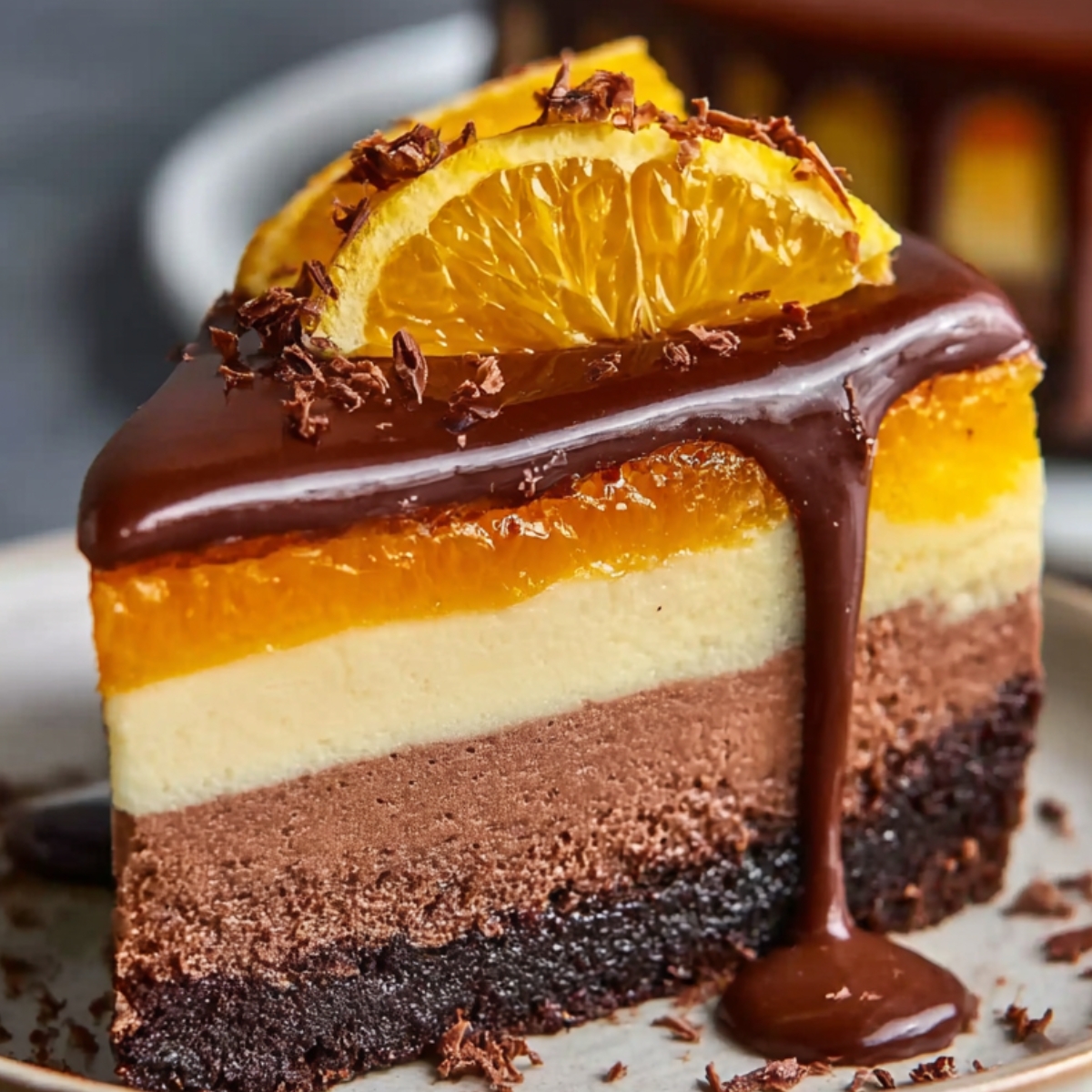 A slice of chocolate orange cheesecake with layered chocolate and orange filling, topped with glossy chocolate ganache, orange slices, and chocolate shavings on a plate.