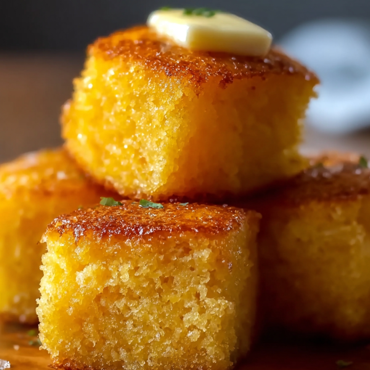 Slices of moist golden Cornbread Recipe stacked with a pat of melting butter on top, ready to serve.