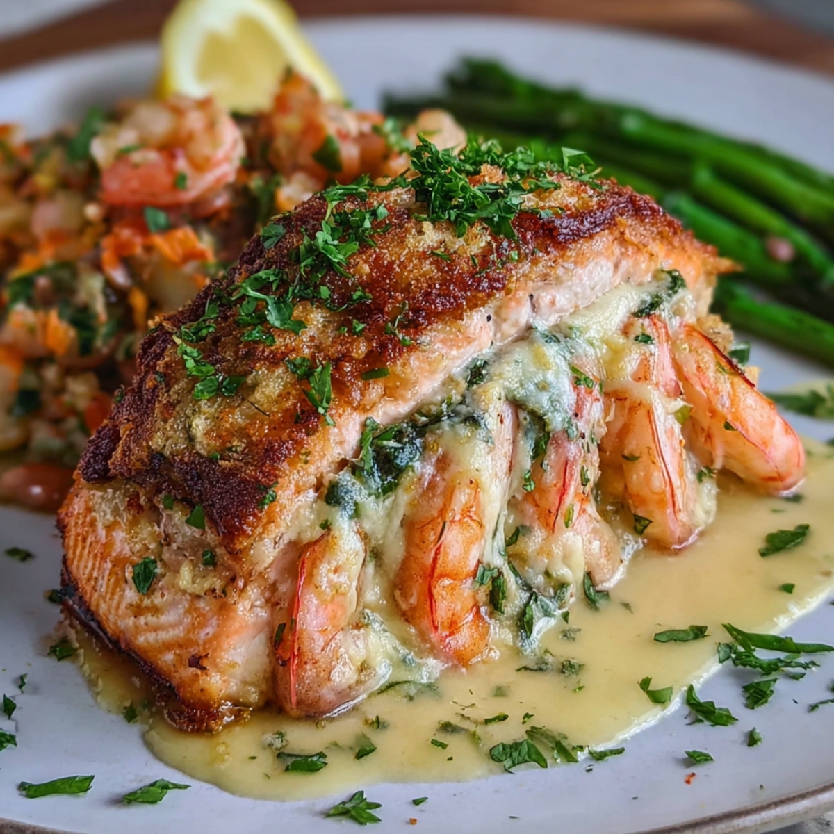 “Plated crab and shrimp stuffed salmon topped with melted cheese and fresh herbs, served with asparagus, shrimp rice, and a lemon wedge.”