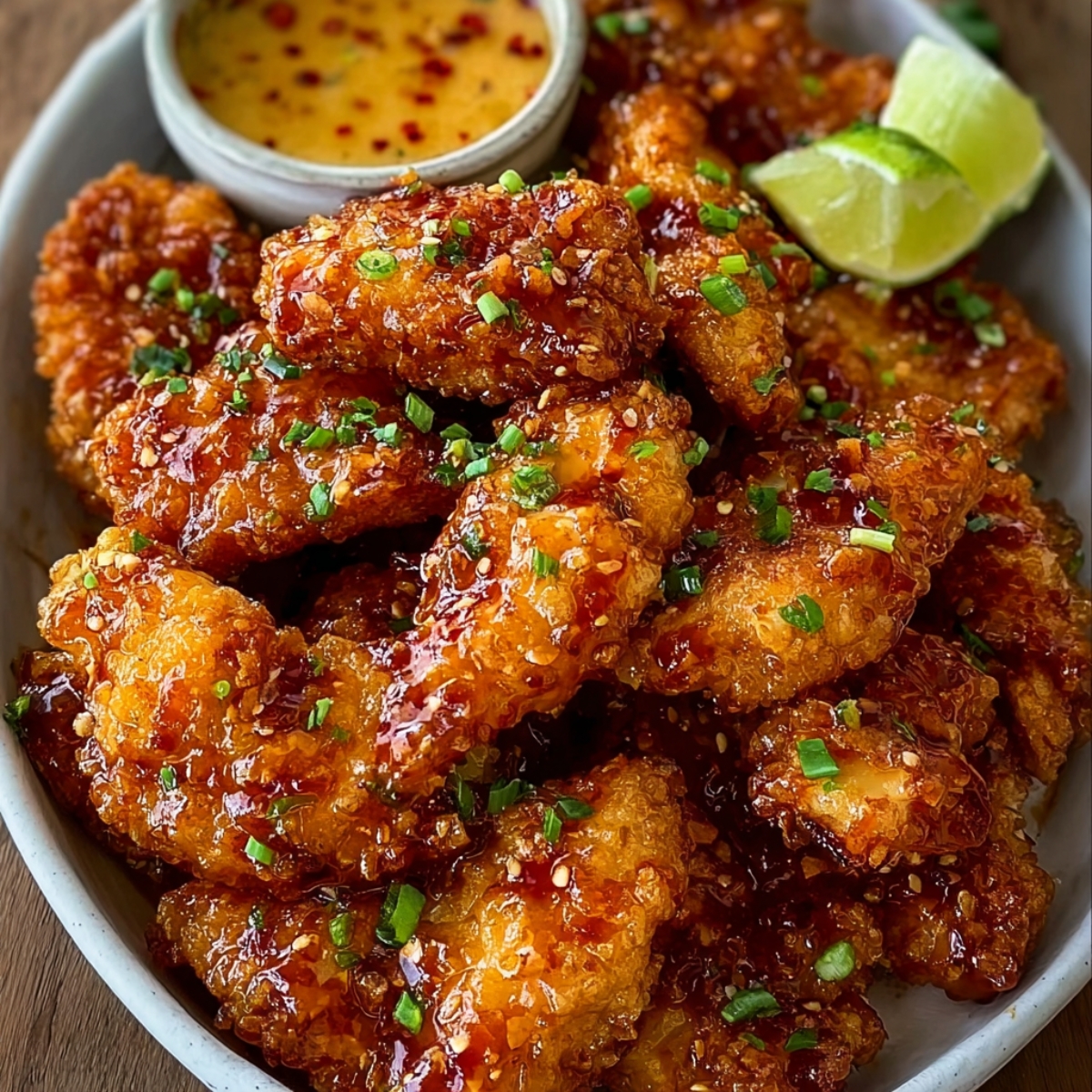 A plate of crispy, glazed Bang Bang Chicken garnished with green onions and served with a dipping sauce and lime wedges.