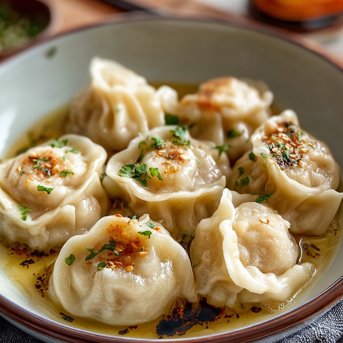 “Steamed Dumplings Recipe served in a bowl with a light sauce, sprinkled with chopped herbs and sesame seeds for garnish.”