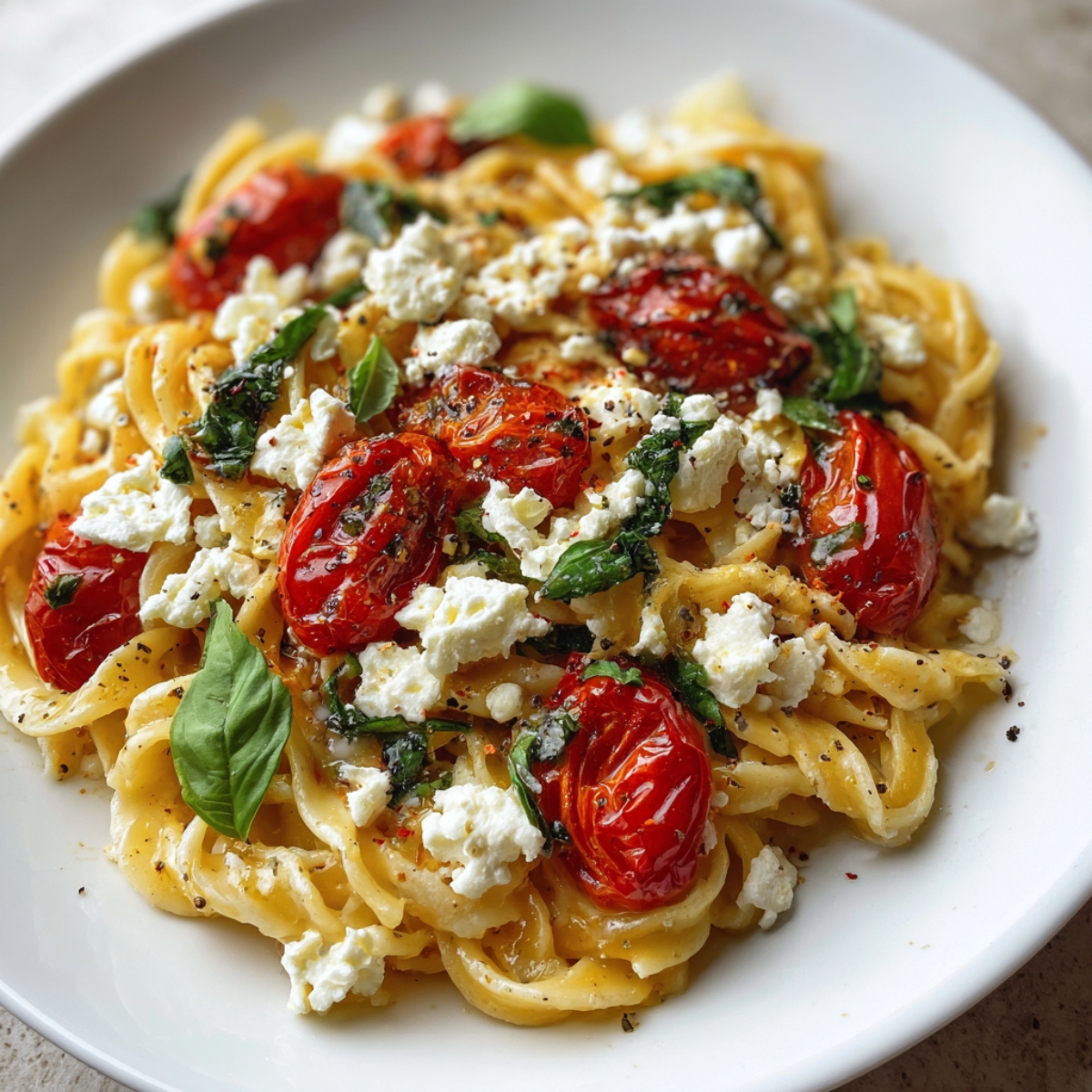 Plate of creamy feta tomato pasta with roasted cherry tomatoes, crumbled feta, and fresh basil leaves, garnished with black pepper.