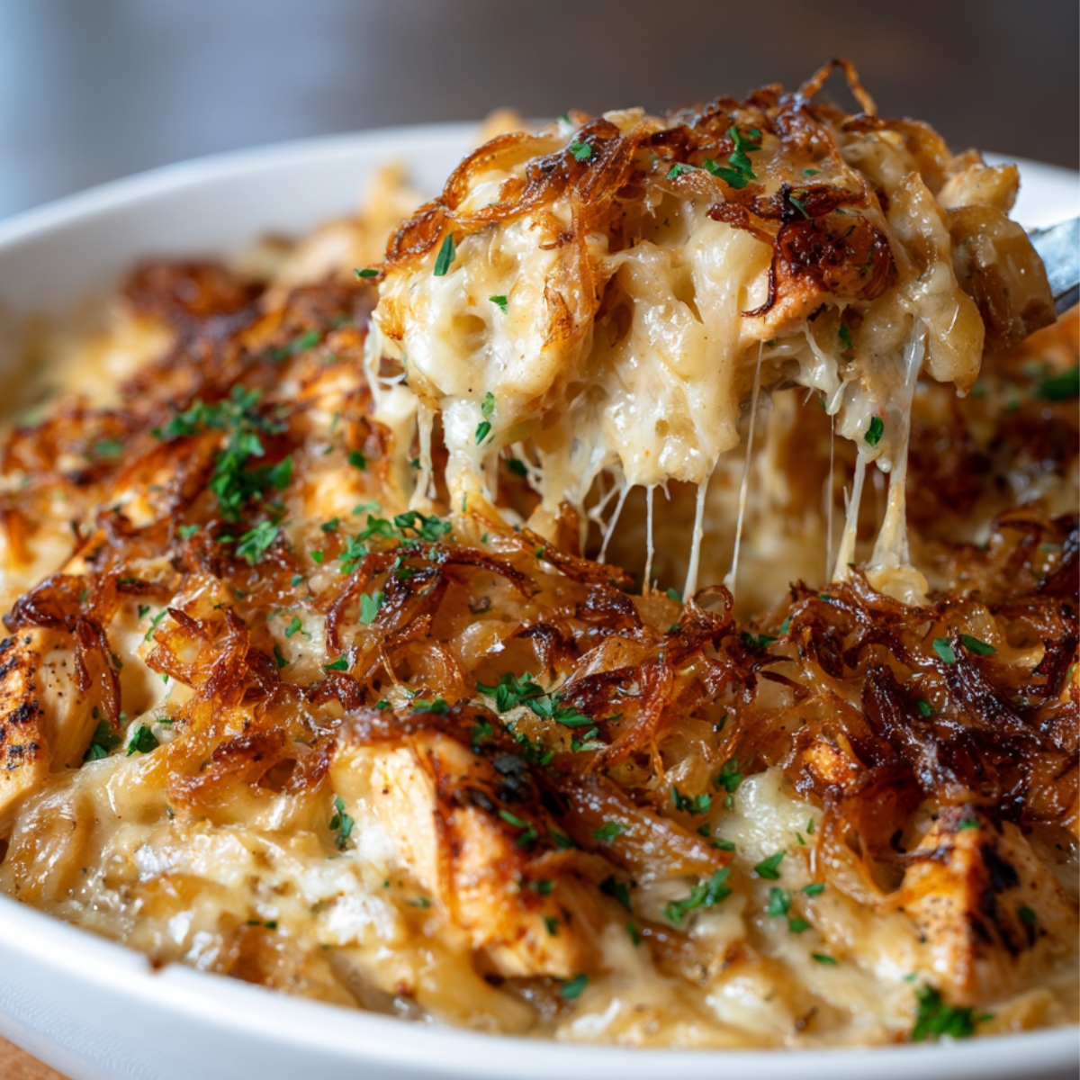 A dish of French onion chicken casserole topped with caramelized onions and melted cheese, with a spoon lifting a portion showing gooey, stretchy cheese and tender chicken pieces.