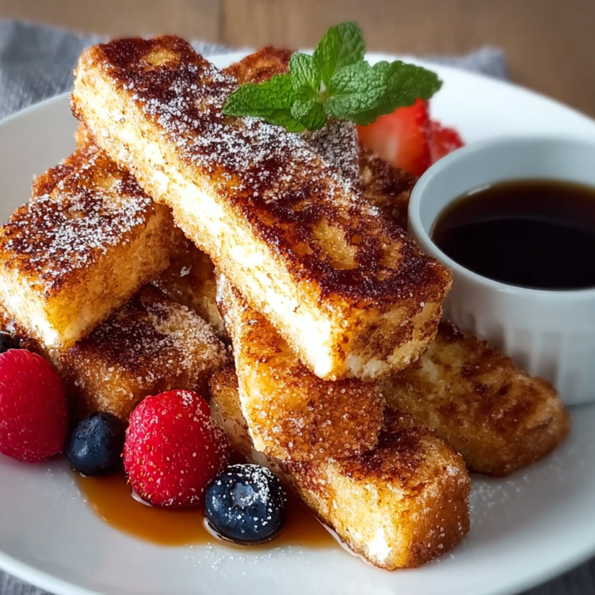 "Crispy French toast recipe sticks served with fresh berries, powdered sugar, and maple syrup."