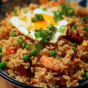 A close-up of a delicious plate of fried rice recipe topped with a fried egg. The rice contains shrimp, peas, and carrots, garnished with chopped green onions.