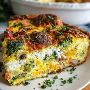A slice of a colorful, vegetable-filled frittata recipe showing broccoli, mushrooms, corn, and cheese, topped with a sprinkle of parsley.
