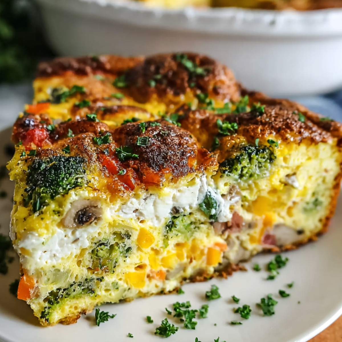 A slice of a colorful, vegetable-filled frittata recipe showing broccoli, mushrooms, corn, and cheese, topped with a sprinkle of parsley.