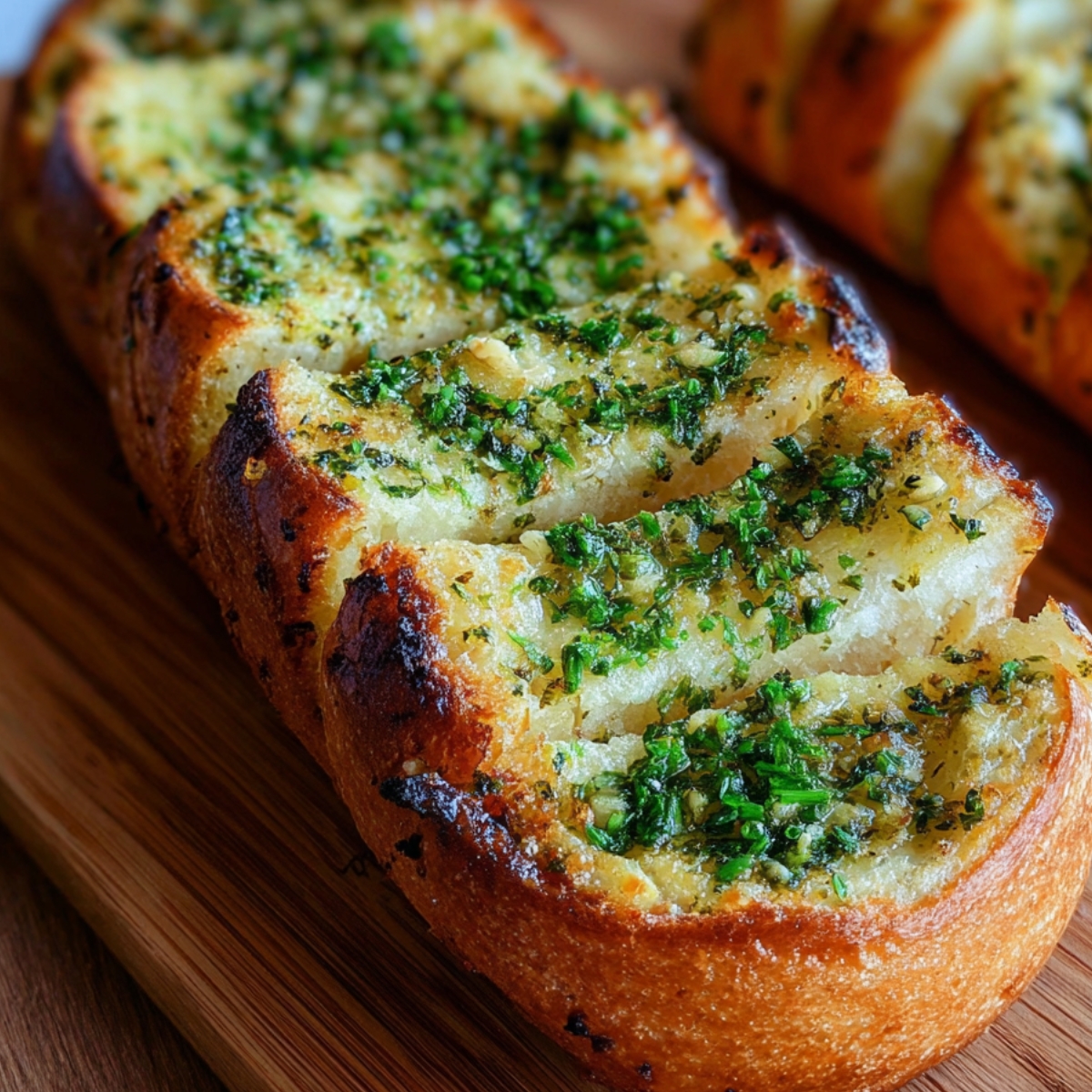 A close-up of sliced garlic bread topped with melted butter and finely chopped parsley, showing a crispy crust and soft interior.