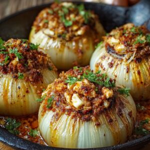 A skillet filled with golden-brown Greek stuffed onions topped with a savory mix of minced meat, herbs, and feta cheese, garnished with fresh parsley.