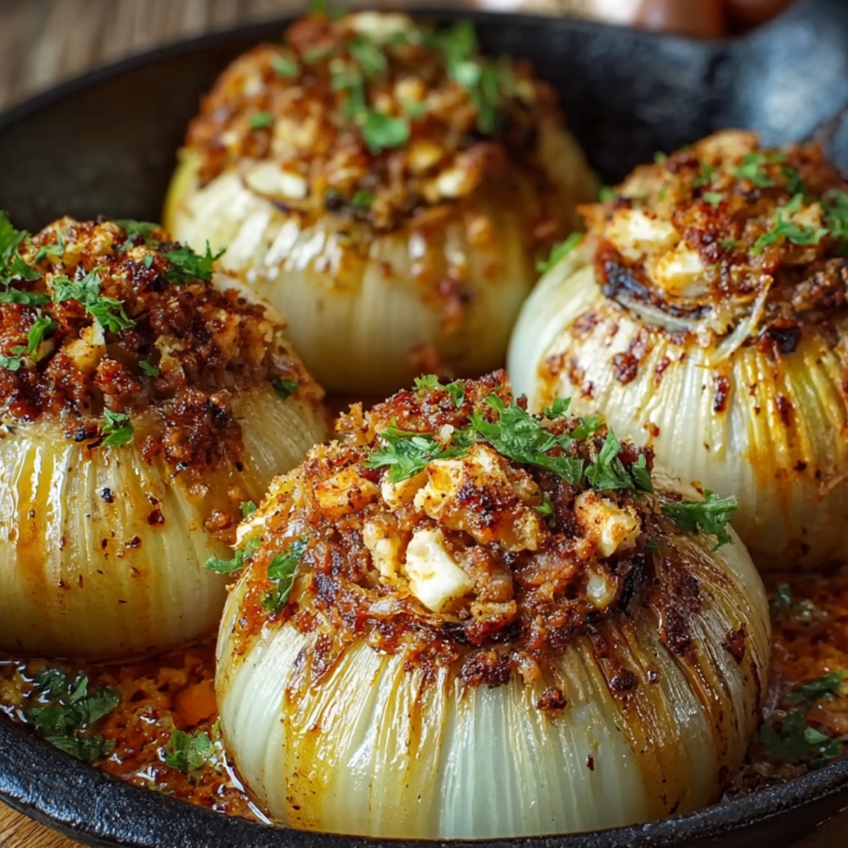A skillet filled with golden-brown Greek stuffed onions topped with a savory mix of minced meat, herbs, and feta cheese, garnished with fresh parsley.