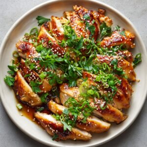Sliced honey garlic chicken arranged on a beige plate, drizzled with glossy sauce, and topped with sesame seeds, green onions, and parsley.