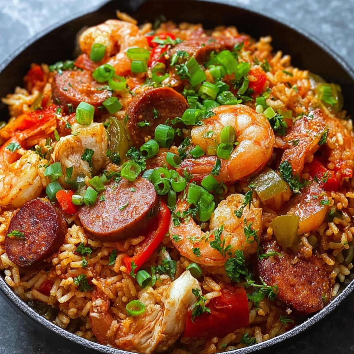 A skillet filled with a mix of Jambalaya Recipe, sausage, and vegetables such as red bell peppers and green onions over a bed of rice. The dish is garnished with fresh green onions and parsley for extra flavor.