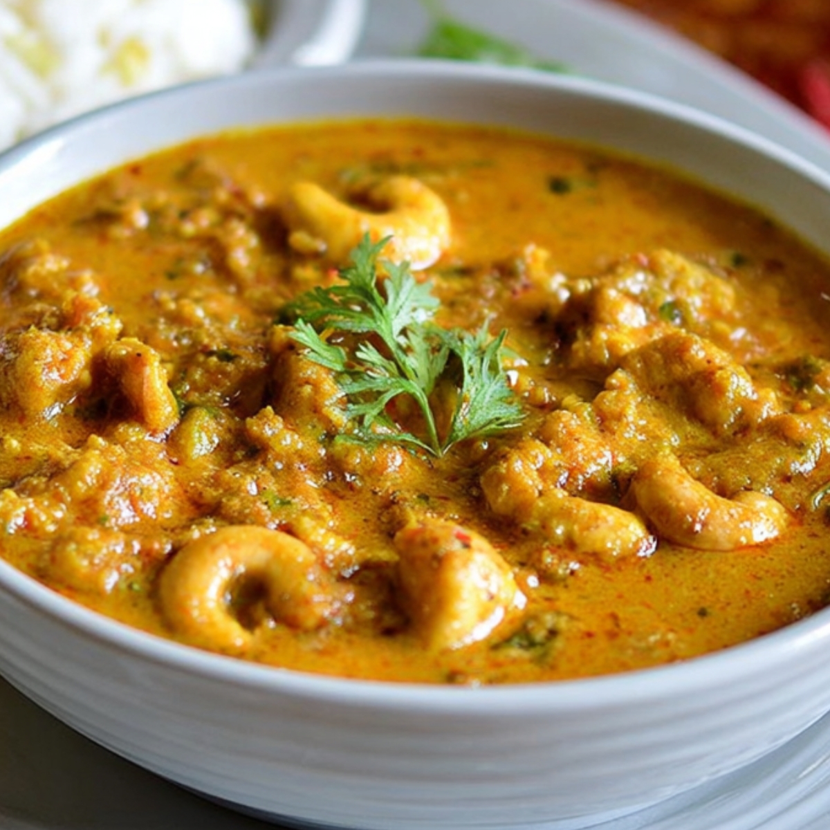 A bowl of cashew Kaju Curry Recipe with a creamy sauce and garnished with a sprig of cilantro, served with rice on the side.