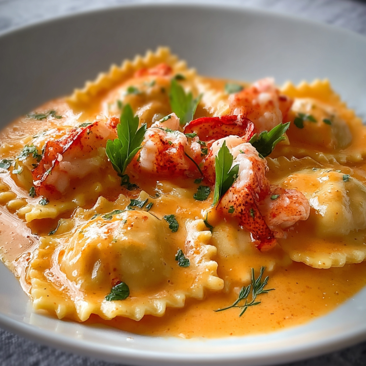 A plate of lobster ravioli Sauce served with a creamy sauce and garnished with fresh parsley and lobster pieces.