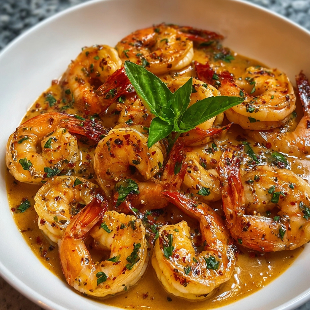 “Close-up of a white bowl filled with juicy Marry Me Shrimp coated in a creamy, buttery sauce with visible red pepper flakes, garlic, and chopped herbs, garnished with fresh basil leaves.”